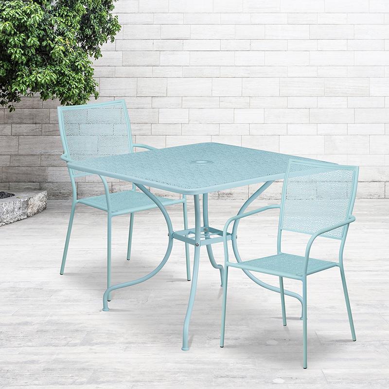 Flash Furniture 35.5” Square Sky Blue Indoor-Outdoor Steel Patio Table Set with 2 Square Back Chairs – CO-35SQ-02CHR2-SKY-GG Discount