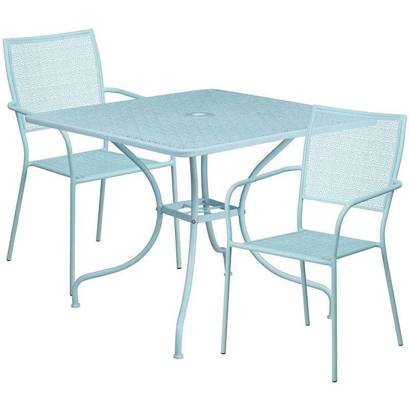 Flash Furniture 35.5” Square Sky Blue Indoor-Outdoor Steel Patio Table Set with 2 Square Back Chairs – CO-35SQ-02CHR2-SKY-GG Discount