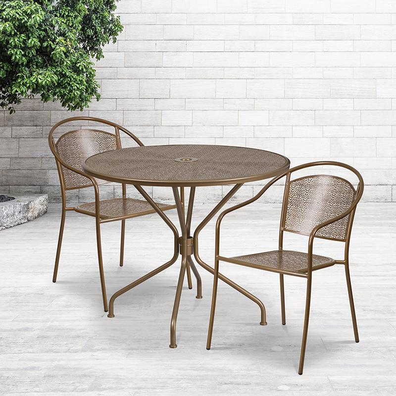 Flash Furniture 35.25” Round Gold Indoor-Outdoor Steel Patio Table Set with 2 Round Back Chairs – CO-35RD-03CHR2-GD-GG on Sale