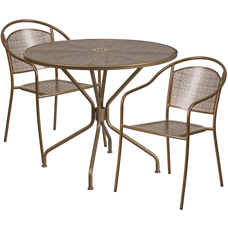 Flash Furniture 35.25” Round Gold Indoor-Outdoor Steel Patio Table Set with 2 Round Back Chairs – CO-35RD-03CHR2-GD-GG on Sale