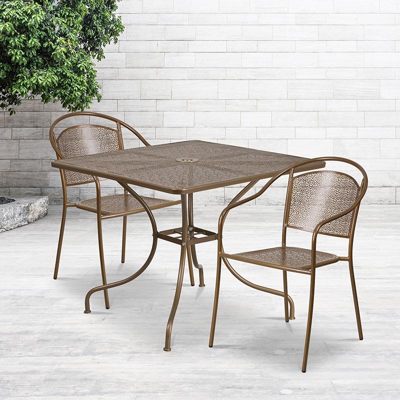 Flash Furniture 35.5” Square Gold Indoor-Outdoor Steel Patio Table Set with 2 Round Back Chairs – CO-35SQ-03CHR2-GD-GG Hot on Sale