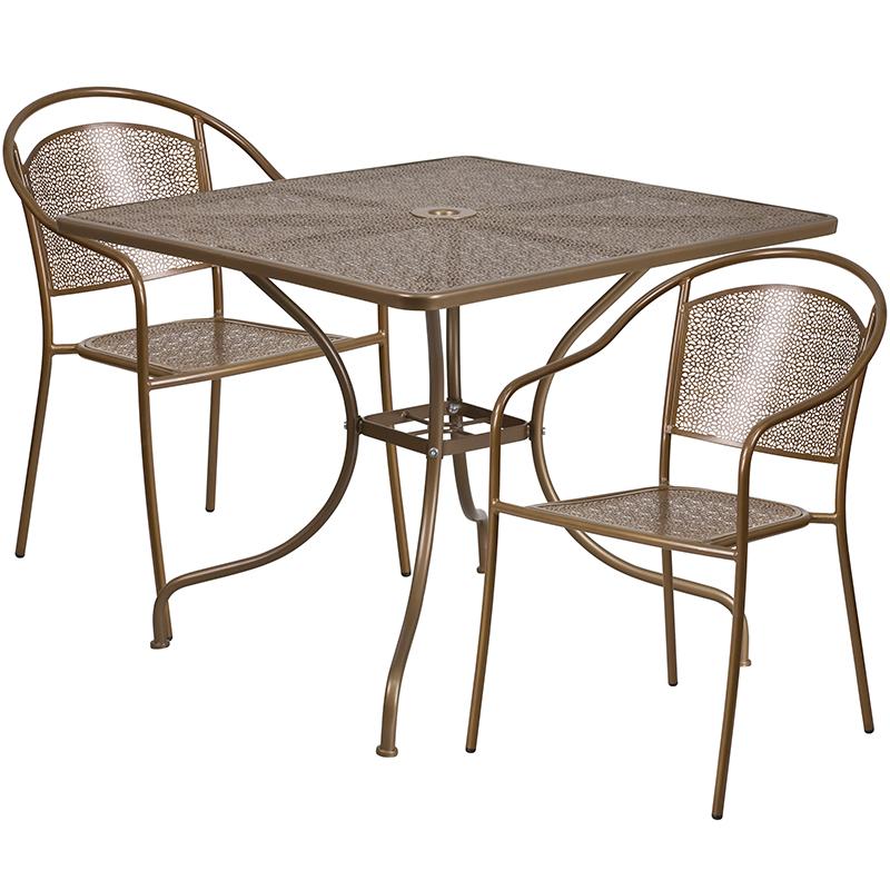Flash Furniture 35.5” Square Gold Indoor-Outdoor Steel Patio Table Set with 2 Round Back Chairs – CO-35SQ-03CHR2-GD-GG Hot on Sale