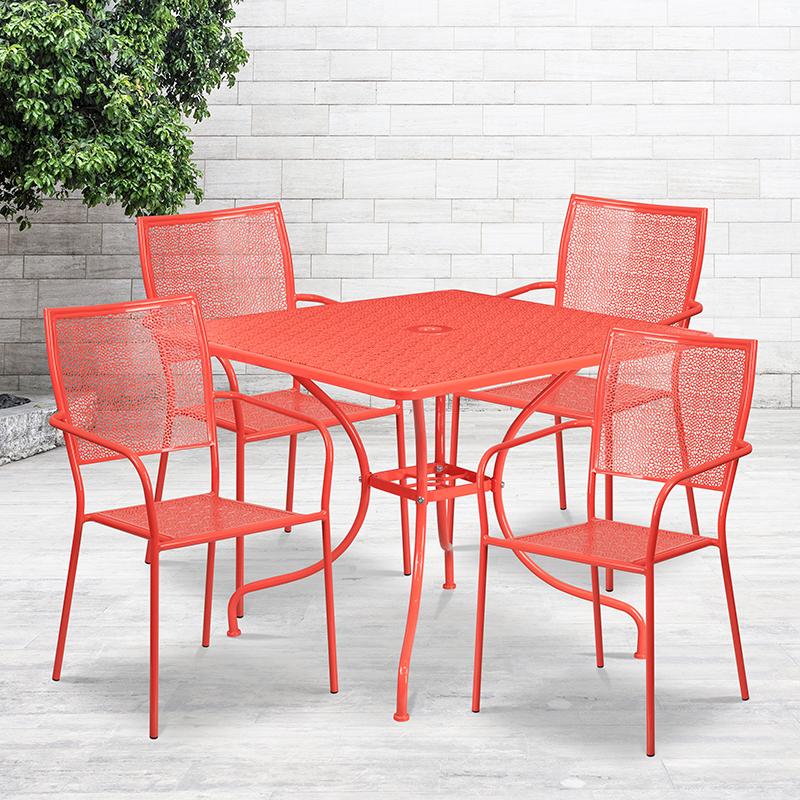 Flash Furniture 35.5” Square Coral Indoor-Outdoor Steel Patio Table Set with 4 Square Back Chairs – CO-35SQ-02CHR4-RED-GG Fashion