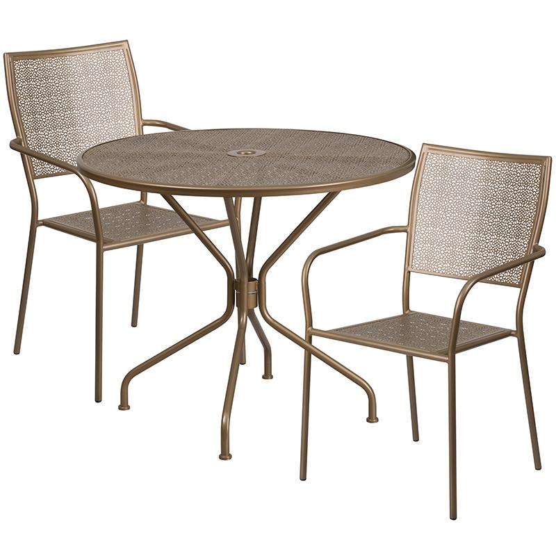 Flash Furniture 35.25” Round Gold Indoor-Outdoor Steel Patio Table Set with 2 Square Back Chairs – CO-35RD-02CHR2-GD-GG Sale