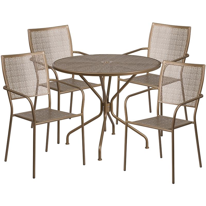 Flash Furniture 35.25” Round Gold Indoor-Outdoor Steel Patio Table Set with 4 Square Back Chairs – CO-35RD-02CHR4-GD-GG on Sale