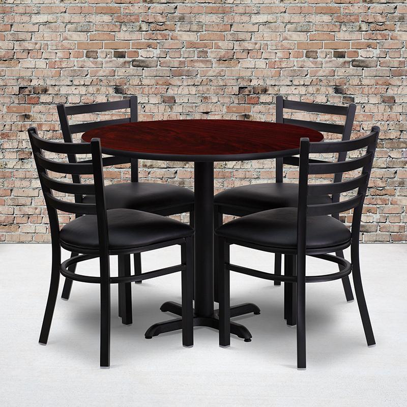 Flash Furniture 36” Round Mahogany Laminate Table Set with X-Base and 4 Ladder Back Metal Chairs – Black Vinyl Seat – HDBF1030-GG Sale