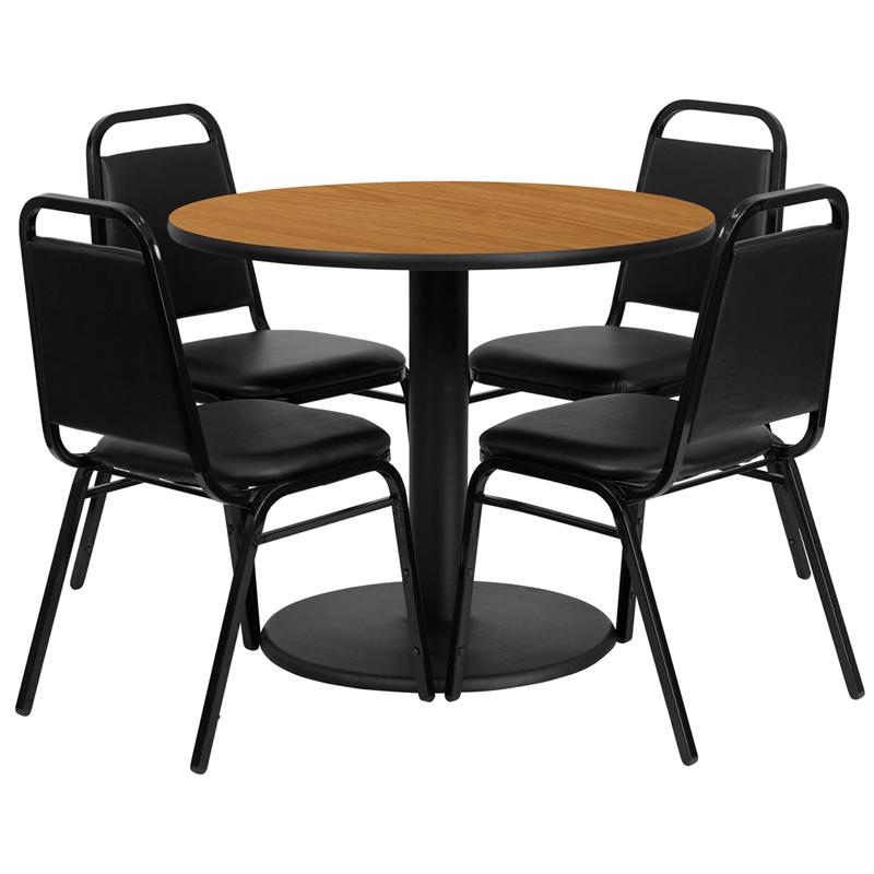 Flash Furniture 36” Round Natural Laminate Table Set with Round Base and 4 Black Trapezoidal Back Banquet Chairs – RSRB1003-GG Online now