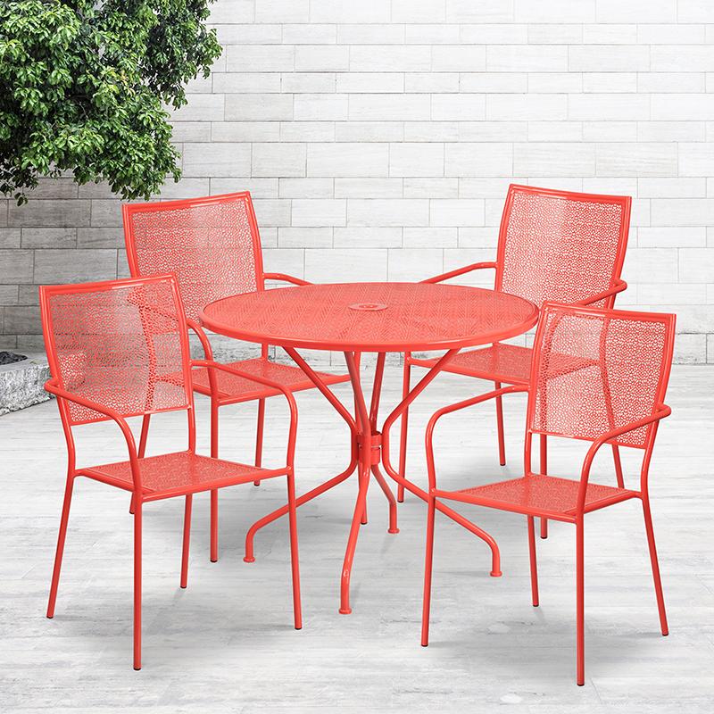Flash Furniture 35.25” Round Coral Indoor-Outdoor Steel Patio Table Set with 4 Square Back Chairs – CO-35RD-02CHR4-RED-GG Fashion