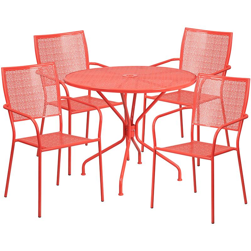 Flash Furniture 35.25” Round Coral Indoor-Outdoor Steel Patio Table Set with 4 Square Back Chairs – CO-35RD-02CHR4-RED-GG Fashion