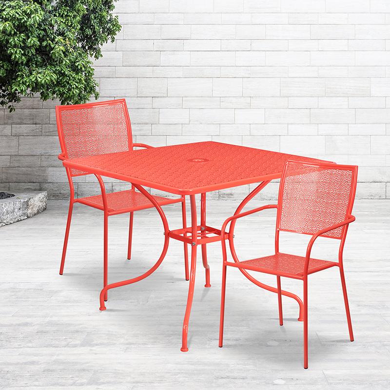 Flash Furniture 35.5” Square Coral Indoor-Outdoor Steel Patio Table Set with 2 Square Back Chairs – CO-35SQ-02CHR2-RED-GG Sale