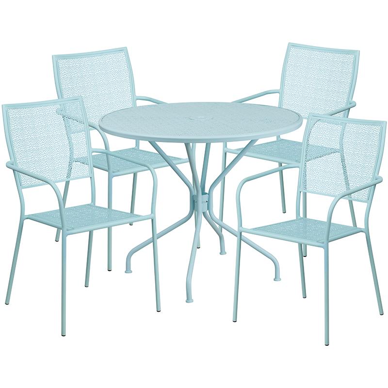 Flash Furniture 35.25” Round Sky Blue Indoor-Outdoor Steel Patio Table Set with 4 Square Back Chairs – CO-35RD-02CHR4-SKY-GG Supply