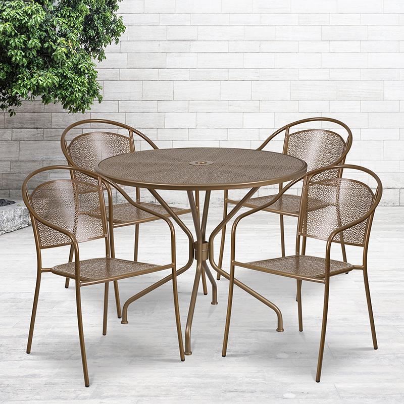 Flash Furniture 35.25” Round Gold Indoor-Outdoor Steel Patio Table Set with 4 Round Back Chairs – CO-35RD-03CHR4-GD-GG Online now