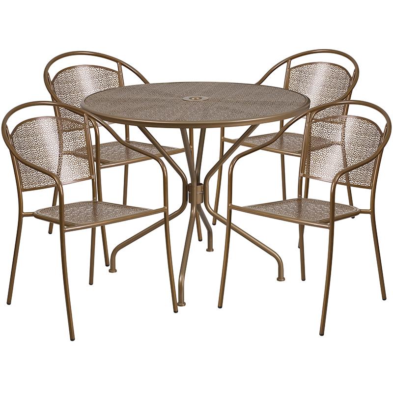 Flash Furniture 35.25” Round Gold Indoor-Outdoor Steel Patio Table Set with 4 Round Back Chairs – CO-35RD-03CHR4-GD-GG Online now