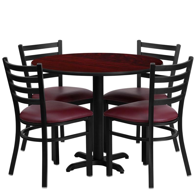 Flash Furniture 36” Round Mahogany Laminate Table Set with X-Base and 4 Ladder Back Metal Chairs – Burgundy Vinyl Seat – HDBF1006-GG Fashion