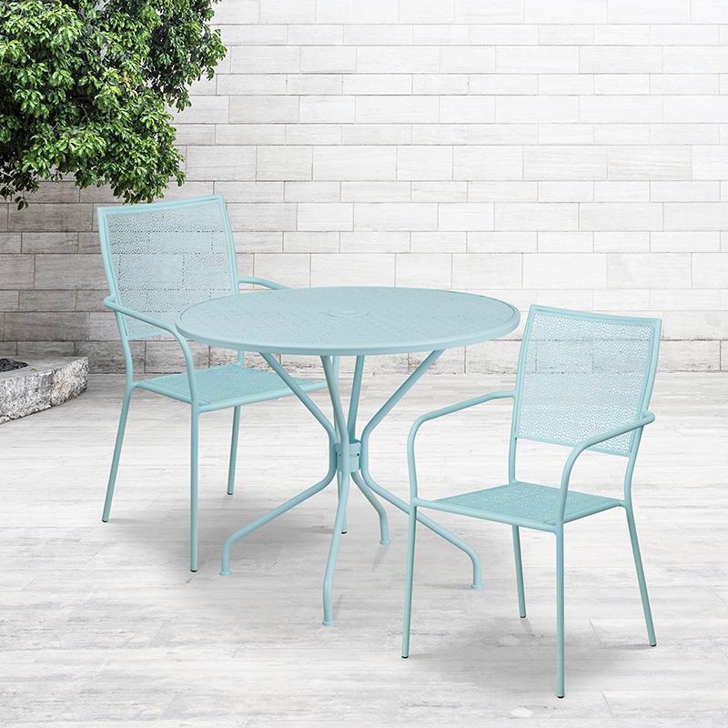 Flash Furniture 35.25” Round Sky Blue Indoor-Outdoor Steel Patio Table Set with 2 Square Back Chairs – CO-35RD-02CHR2-SKY-GG Online Sale