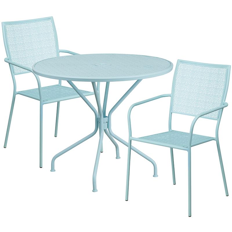Flash Furniture 35.25” Round Sky Blue Indoor-Outdoor Steel Patio Table Set with 2 Square Back Chairs – CO-35RD-02CHR2-SKY-GG Online Sale