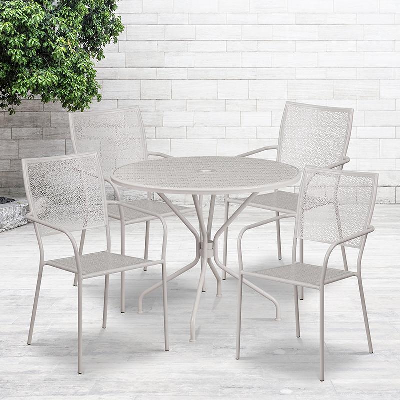 Flash Furniture 35.25” Round Light Gray Indoor-Outdoor Steel Patio Table Set with 4 Square Back Chairs – CO-35RD-02CHR4-SIL-GG Sale