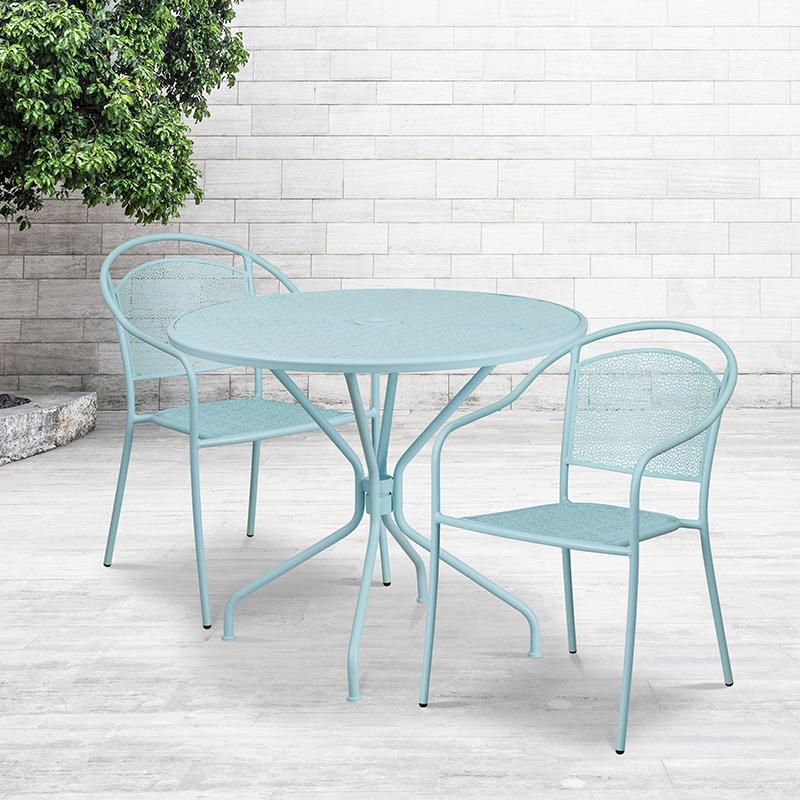 Flash Furniture 35.25” Round Sky Blue Indoor-Outdoor Steel Patio Table Set with 2 Round Back Chairs – CO-35RD-03CHR2-SKY-GG Hot on Sale