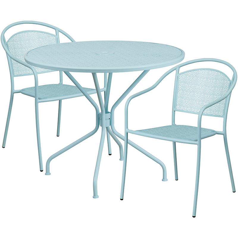Flash Furniture 35.25” Round Sky Blue Indoor-Outdoor Steel Patio Table Set with 2 Round Back Chairs – CO-35RD-03CHR2-SKY-GG Hot on Sale