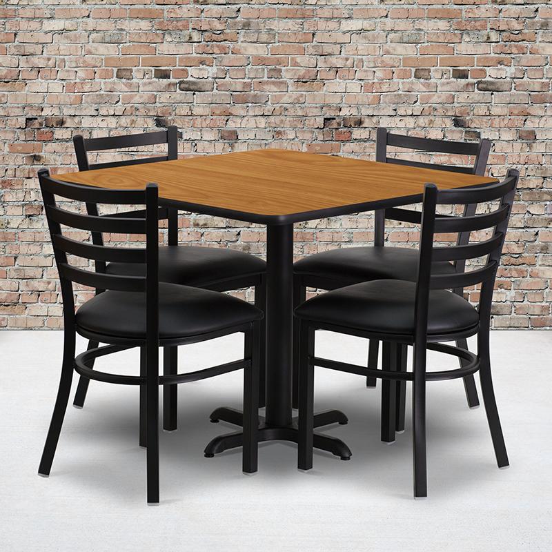 Flash Furniture 36” Square Natural Laminate Table Set with X-Base and 4 Ladder Back Metal Chairs – Black Vinyl Seat – HDBF1015-GG Discount