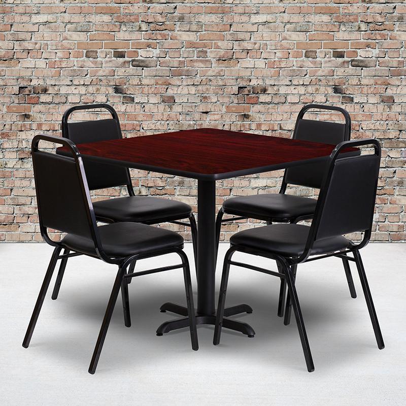 Flash Furniture 36” Square Mahogany Laminate Table Set with X-Base and 4 Black Trapezoidal Back Banquet Chairs – HDBF1010-GG Online now