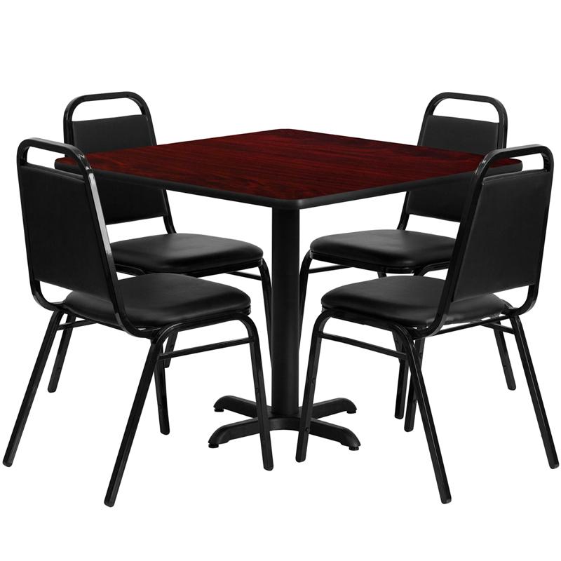 Flash Furniture 36” Square Mahogany Laminate Table Set with X-Base and 4 Black Trapezoidal Back Banquet Chairs – HDBF1010-GG Online now
