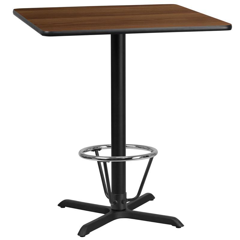 Flash Furniture 36” Square Walnut Laminate Table Top with 30” x 30” Bar Height Table Base and Foot Ring – XU-WALTB-3636-T3030B-3CFR-GG Supply