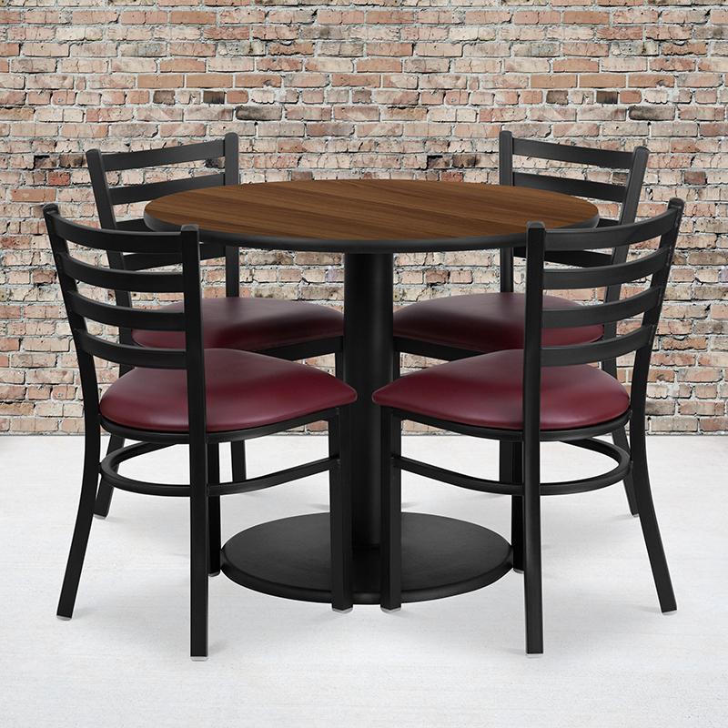 Flash Furniture 36” Round Walnut Laminate Table Set with Round Base and 4 Ladder Back Metal Chairs – Burgundy Vinyl Seat – RSRB1008-GG Discount