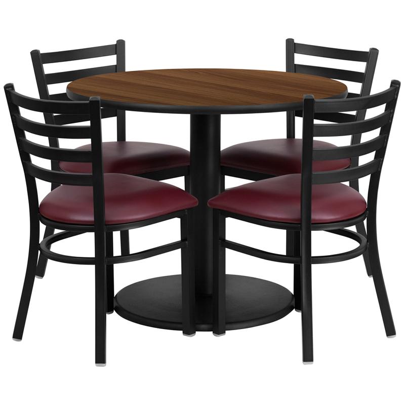 Flash Furniture 36” Round Walnut Laminate Table Set with Round Base and 4 Ladder Back Metal Chairs – Burgundy Vinyl Seat – RSRB1008-GG Discount