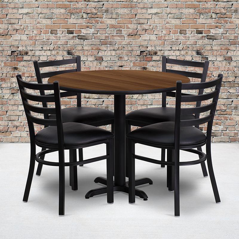 Flash Furniture 36” Round Walnut Laminate Table Set with X-Base and 4 Ladder Back Metal Chairs – Black Vinyl Seat – HDBF1032-GG Sale