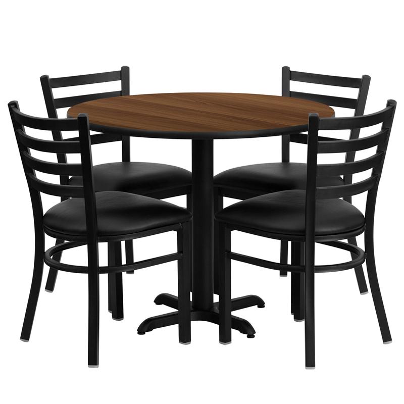 Flash Furniture 36” Round Walnut Laminate Table Set with X-Base and 4 Ladder Back Metal Chairs – Black Vinyl Seat – HDBF1032-GG Sale
