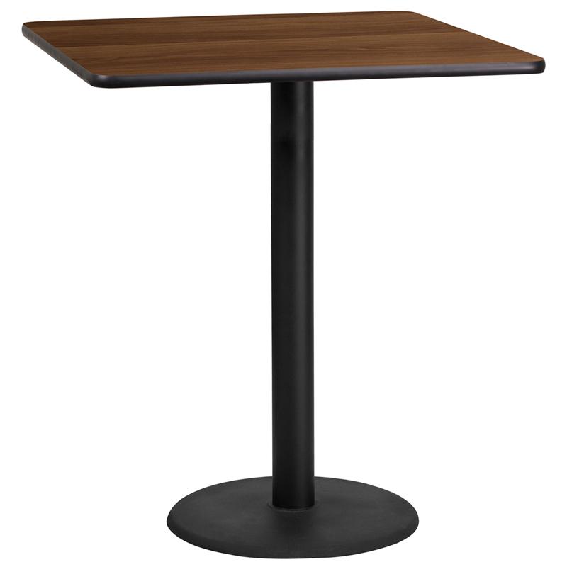 Flash Furniture 36” Square Walnut Laminate Table Top with 24” Round Bar Height Table Base – XU-WALTB-3636-TR24B-GG on Sale