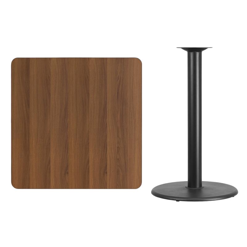 Flash Furniture 36” Square Walnut Laminate Table Top with 24” Round Bar Height Table Base – XU-WALTB-3636-TR24B-GG on Sale