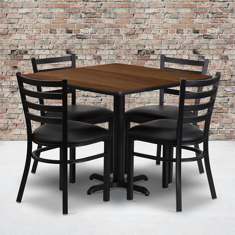 Flash Furniture 36” Square Walnut Laminate Table Set with X-Base and 4 Ladder Back Metal Chairs – Black Vinyl Seat – HDBF1016-GG Fashion