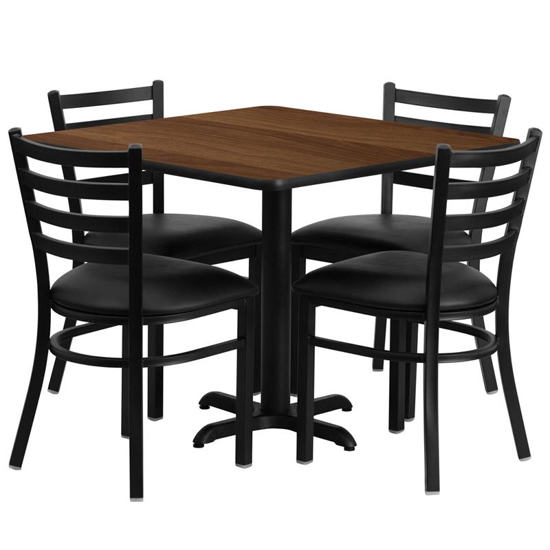 Flash Furniture 36” Square Walnut Laminate Table Set with X-Base and 4 Ladder Back Metal Chairs – Black Vinyl Seat – HDBF1016-GG Fashion