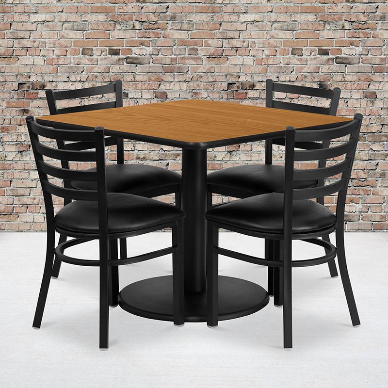 Flash Furniture 36” Square Natural Laminate Table Set with Round Base and 4 Ladder Back Metal Chairs – Black Vinyl Seat – RSRB1015-GG Hot on Sale