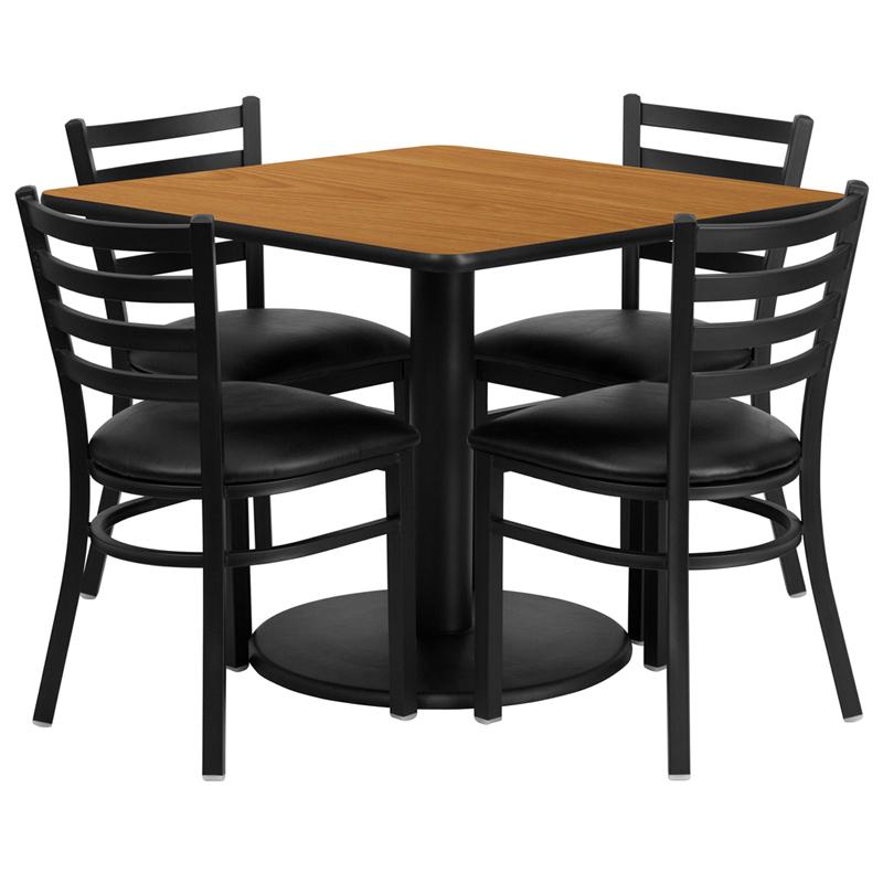 Flash Furniture 36” Square Natural Laminate Table Set with Round Base and 4 Ladder Back Metal Chairs – Black Vinyl Seat – RSRB1015-GG Hot on Sale