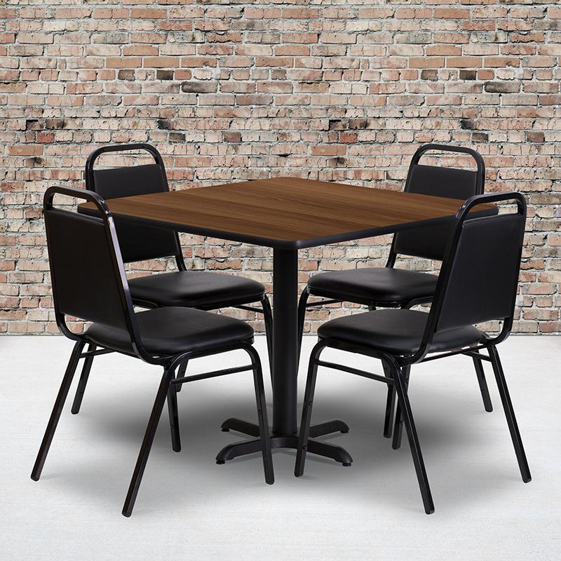 Flash Furniture 36” Square Walnut Laminate Table Set with X-Base and 4 Black Trapezoidal Back Banquet Chairs – HDBF1012-GG Fashion