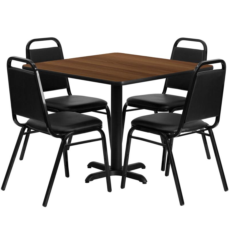 Flash Furniture 36” Square Walnut Laminate Table Set with X-Base and 4 Black Trapezoidal Back Banquet Chairs – HDBF1012-GG Fashion