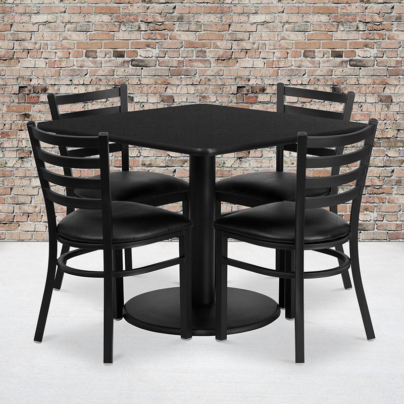 Flash Furniture 36” Square Black Laminate Table Set with Round Base and 4 Ladder Back Metal Chairs – Black Vinyl Seat – RSRB1013-GG Discount