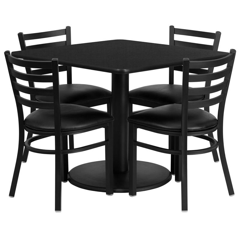 Flash Furniture 36” Square Black Laminate Table Set with Round Base and 4 Ladder Back Metal Chairs – Black Vinyl Seat – RSRB1013-GG Discount