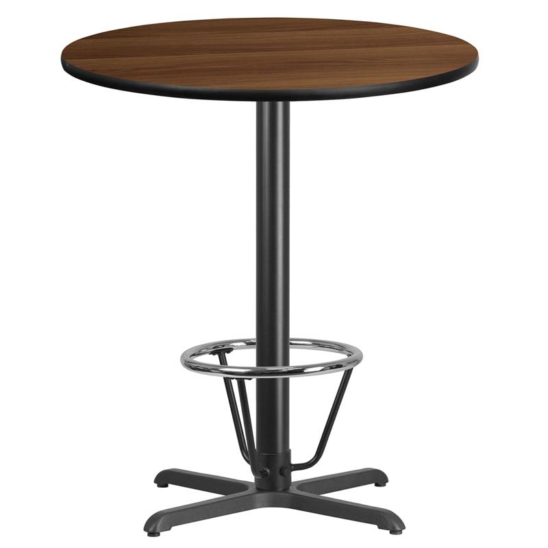 Flash Furniture 36” Round Walnut Laminate Table Top with 30” x 30” Bar Height Table Base and Foot Ring – XU-RD-36-WALTB-T3030B-3CFR-GG on Sale