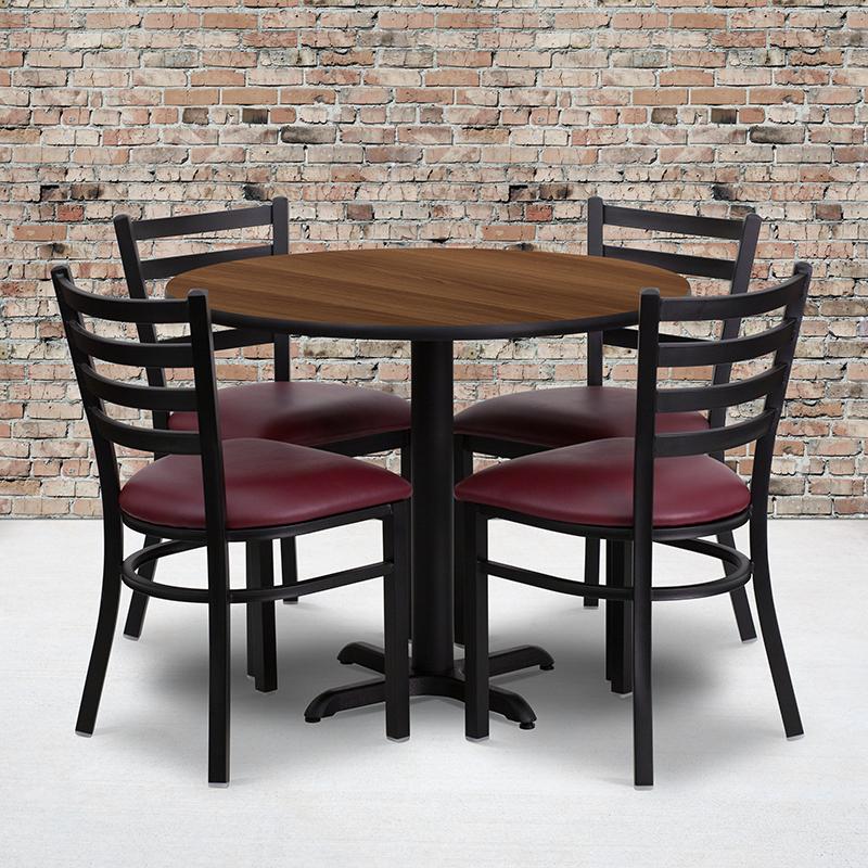 Flash Furniture 36” Round Walnut Laminate Table Set with X-Base and 4 Ladder Back Metal Chairs – Burgundy Vinyl Seat – HDBF1008-GG on Sale