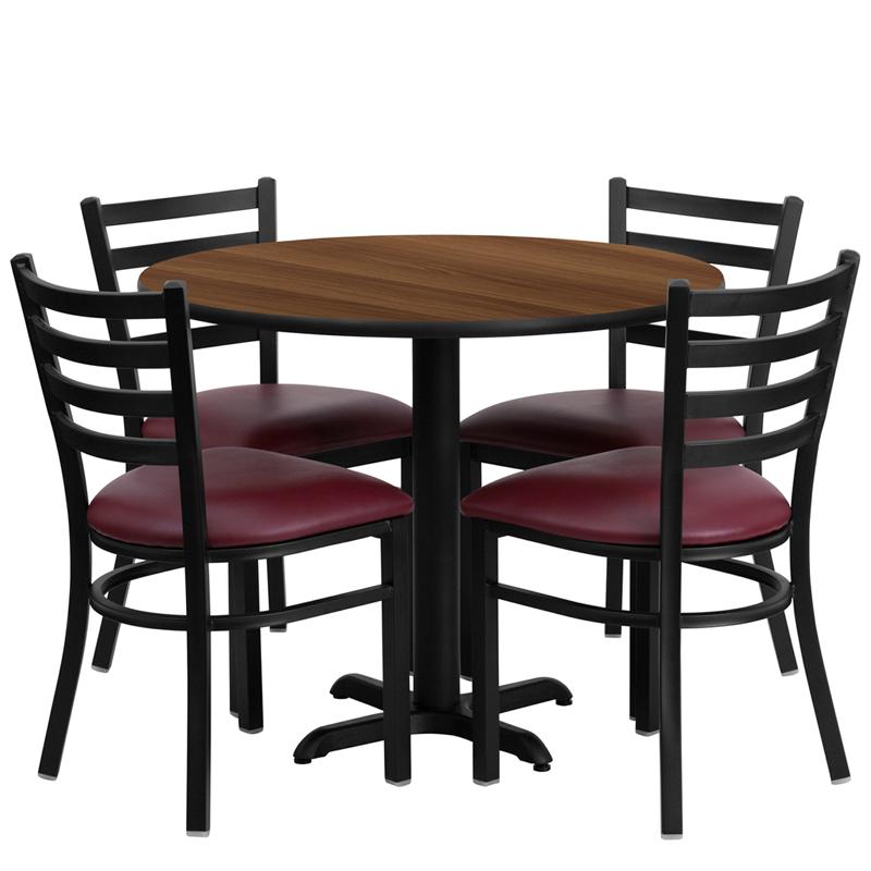 Flash Furniture 36” Round Walnut Laminate Table Set with X-Base and 4 Ladder Back Metal Chairs – Burgundy Vinyl Seat – HDBF1008-GG on Sale