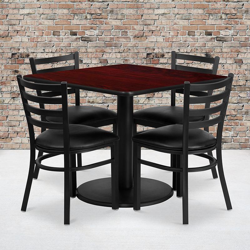 Flash Furniture 36” Square Mahogany Laminate Table Set with Round Base and 4 Ladder Back Metal Chairs – Black Vinyl Seat – RSRB1014-GG Online Sale