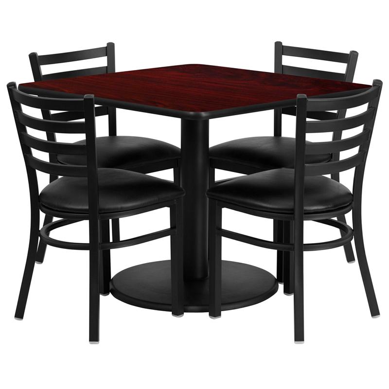 Flash Furniture 36” Square Mahogany Laminate Table Set with Round Base and 4 Ladder Back Metal Chairs – Black Vinyl Seat – RSRB1014-GG Online Sale