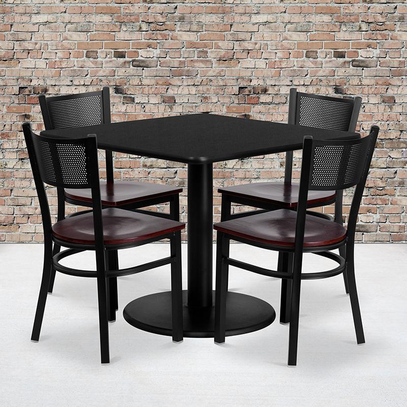 Flash Furniture 36” Square Black Laminate Table Set with 4 Grid Back Metal Chairs – Mahogany Wood Seat – MD-0008-GG Online Hot Sale