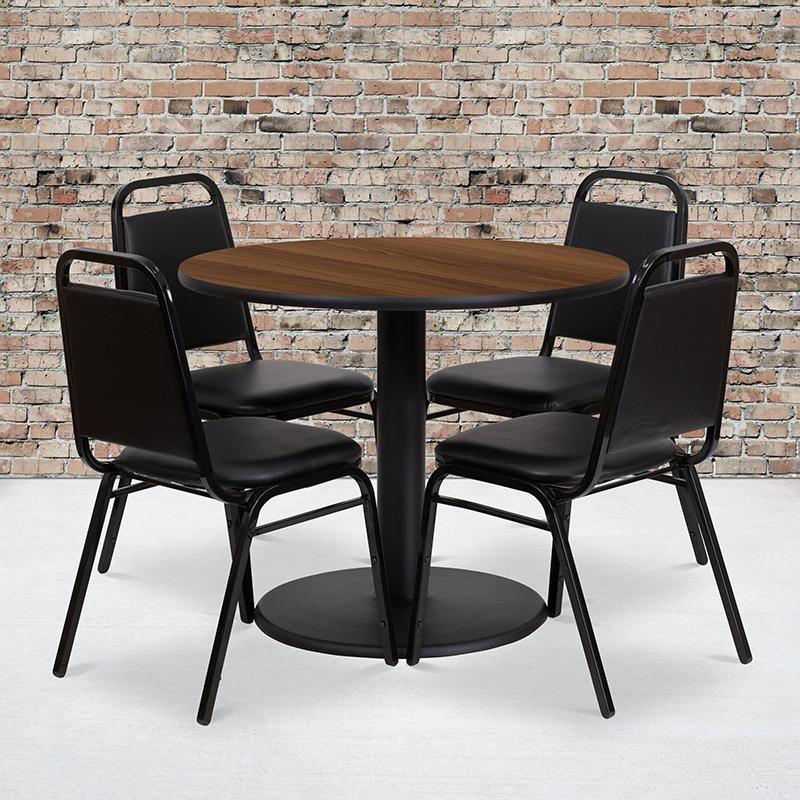 Flash Furniture 36” Round Walnut Laminate Table Set with Round Base and 4 Black Trapezoidal Back Banquet Chairs – RSRB1004-GG Sale