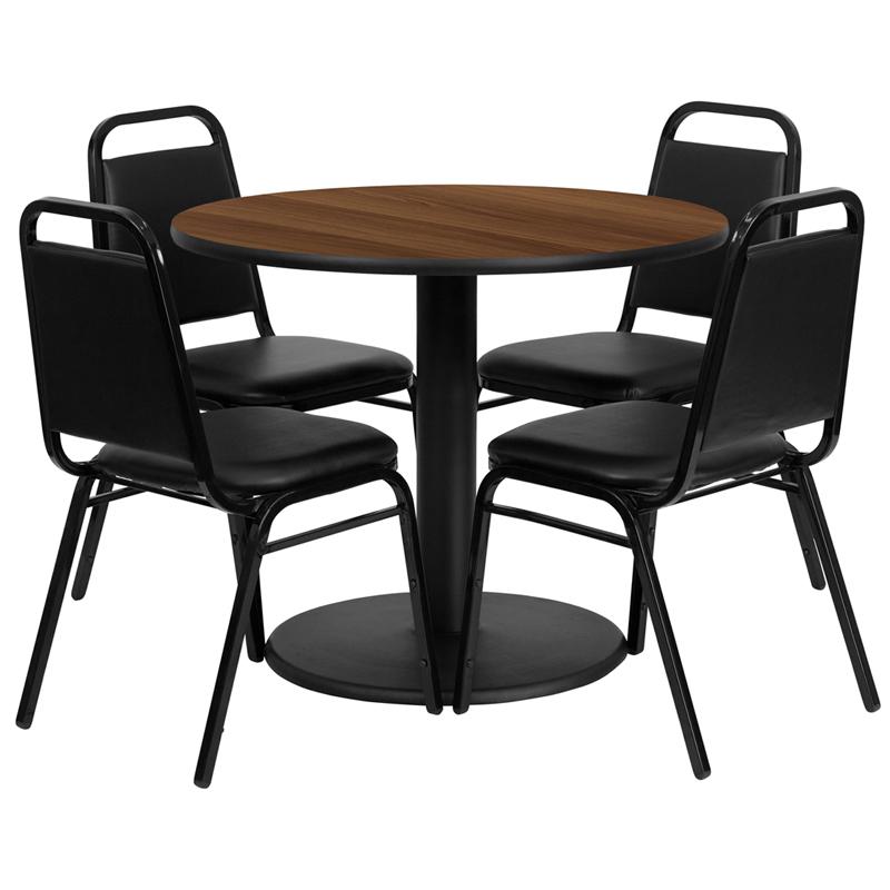 Flash Furniture 36” Round Walnut Laminate Table Set with Round Base and 4 Black Trapezoidal Back Banquet Chairs – RSRB1004-GG Sale
