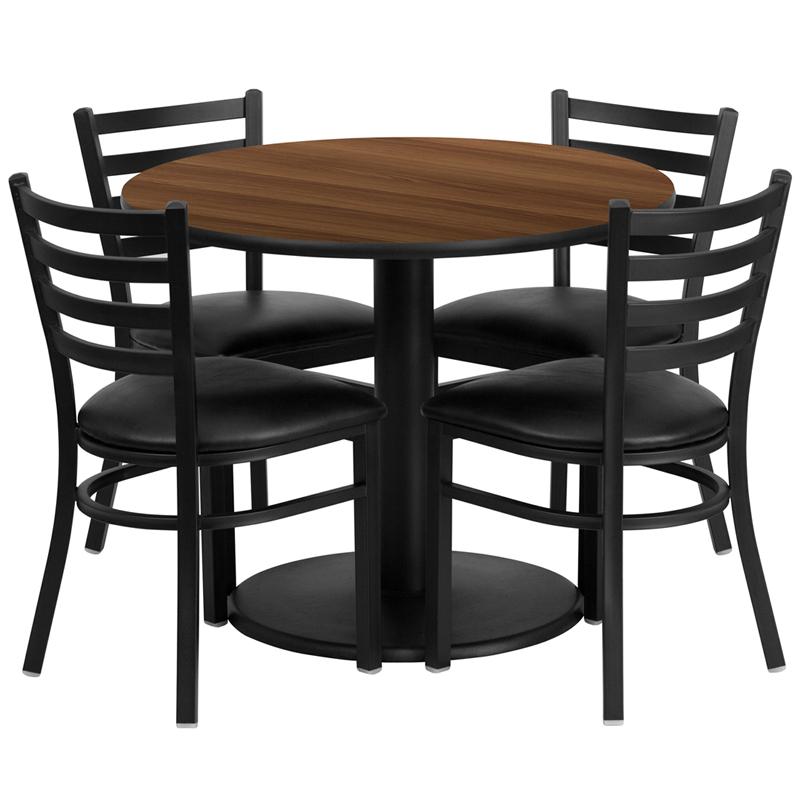 Flash Furniture 36” Round Walnut Laminate Table Set with Round Base and 4 Ladder Back Metal Chairs – Black Vinyl Seat – RSRB1032-GG Supply
